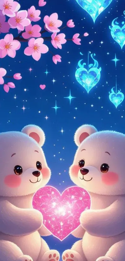 Two adorable bears holding a heart under a starlit sky.