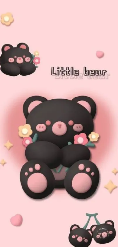 Cute bear phone wallpaper with flowers and pink background.