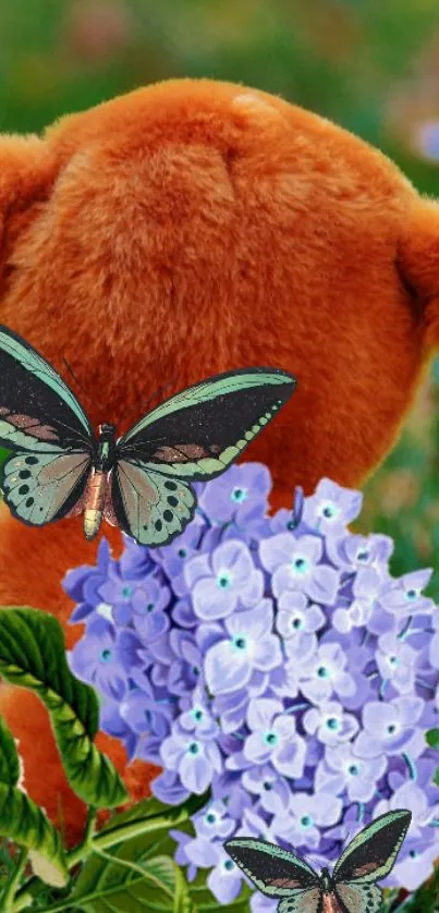 Adorable teddy bear with butterflies and purple flowers on wallpaper.