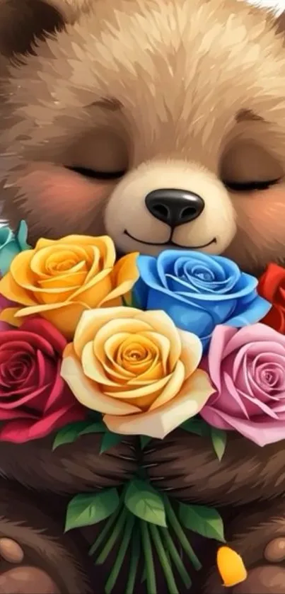 Adorable bear holding colorful roses bouquet.