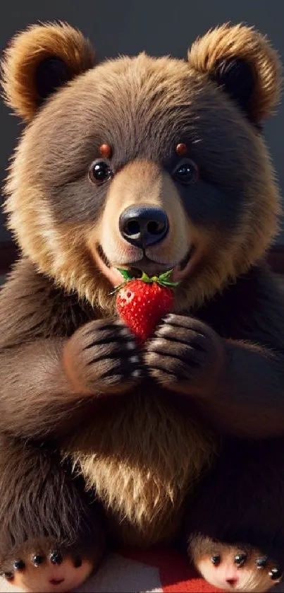 Adorable bear holding a strawberry on a checkered floor.