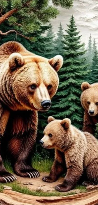 Bear family in serene forest setting.