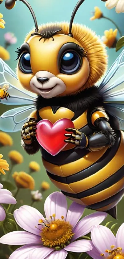 A cute bee holding a red heart, surrounded by vibrant flowers.