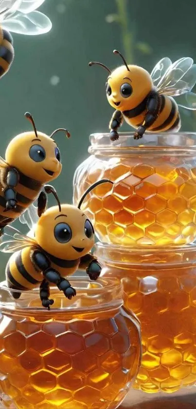 Cute animated bees on honey jars illustration.