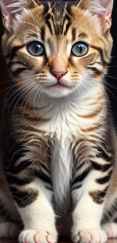 Adorable Bengal kitten with striking markings sitting on a wooden floor.