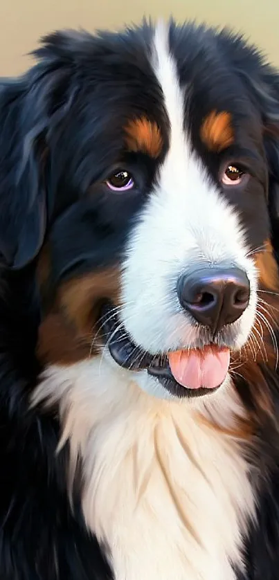 Realistic portrait of a Bernese Mountain Dog with a soft background setup.