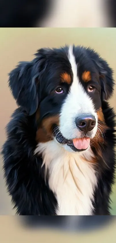 Lifelike painting of a Bernese Mountain Dog with a soft gradient background.