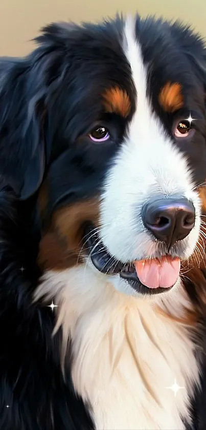 Bernese Mountain Dog portrait on a soft, blurred background.