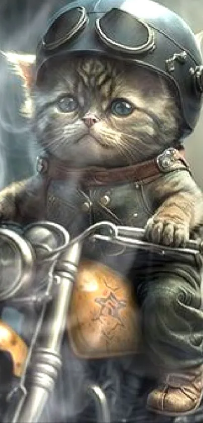 Adorable kitten wearing goggles on a vintage motorcycle.