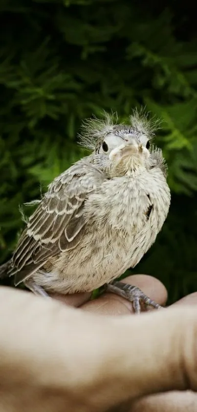 Small bird perched on a hand with lush green background.