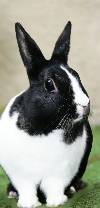 Cute black and white rabbit on green grass.