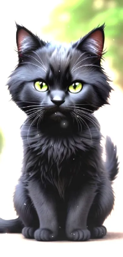 Cute black cat with green eyes in a nature setting.