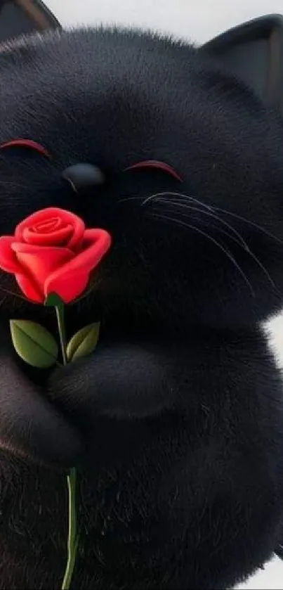 Cute black cat holding a red rose.