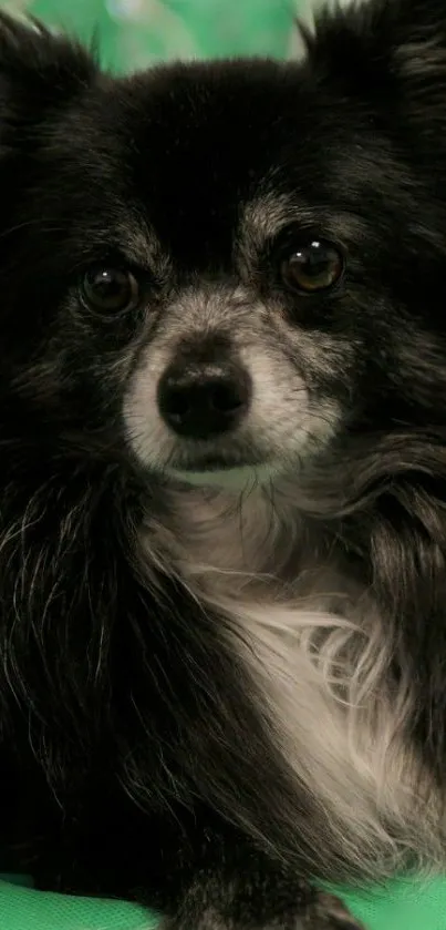 Adorable black dog with fluffy fur on green background.