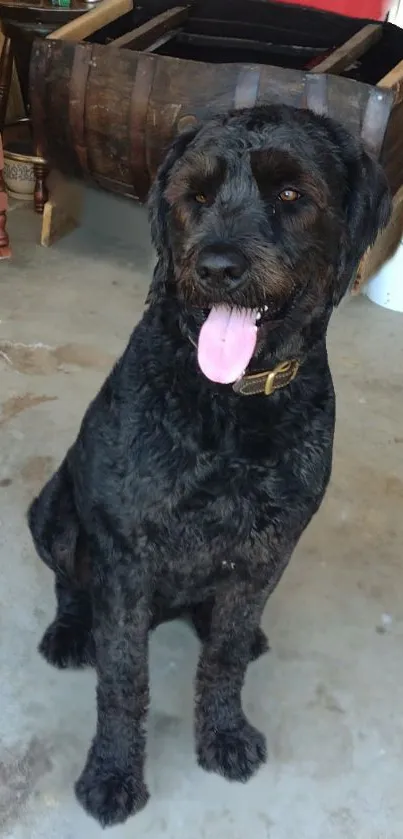 Adorable black dog sitting in a rustic setting.