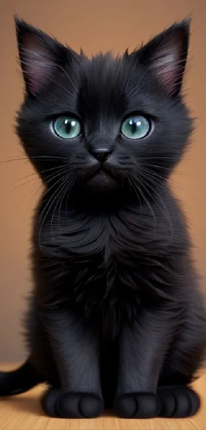 Adorable black kitten with green eyes sitting against a warm brown background.