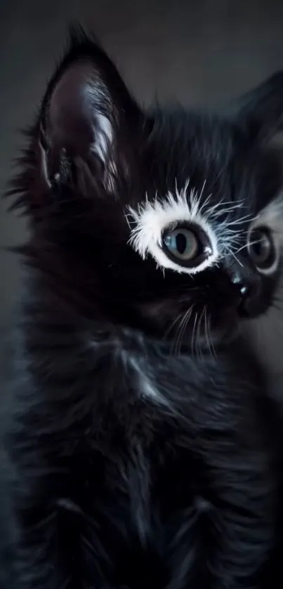 Black kitten with pale eyes, whimsical fur.
