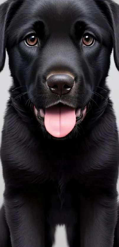 Adorable black Labrador Retriever with its tongue out on a light gray background.