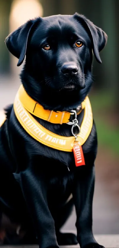 Black Labrador puppy with a yellow collar sitting on a pathway.