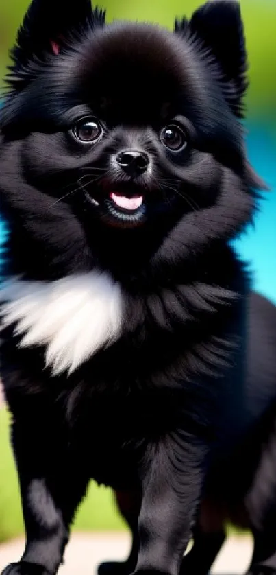 Adorable black Pomeranian with fluffy fur standing outdoors.