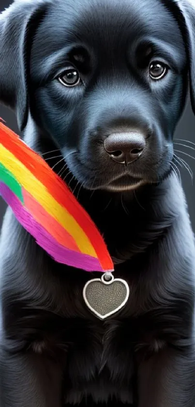 Adorable black Labrador puppy with rainbow ribbon.