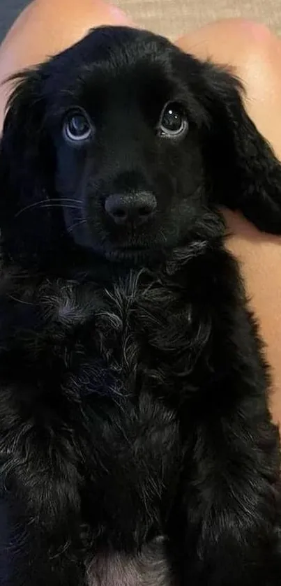 Adorable black puppy resting on lap, mobile wallpaper.