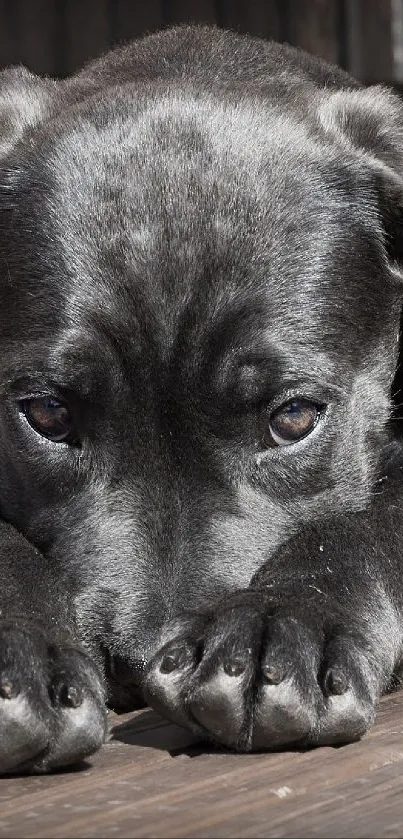 Adorable black puppy with expressive eyes lying down.