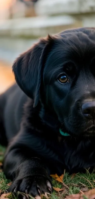 Adorable black Labrador puppy lying on the grass.