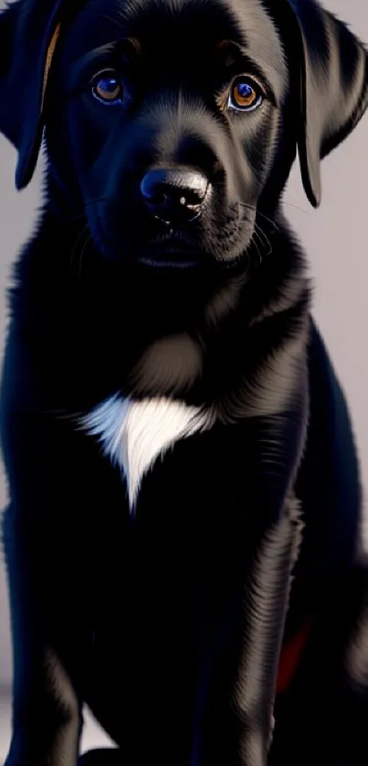 Adorable black Labrador puppy with a white chest on a soft background.