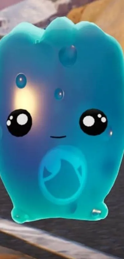 Cute blue cartoon character with big eyes on a road background.