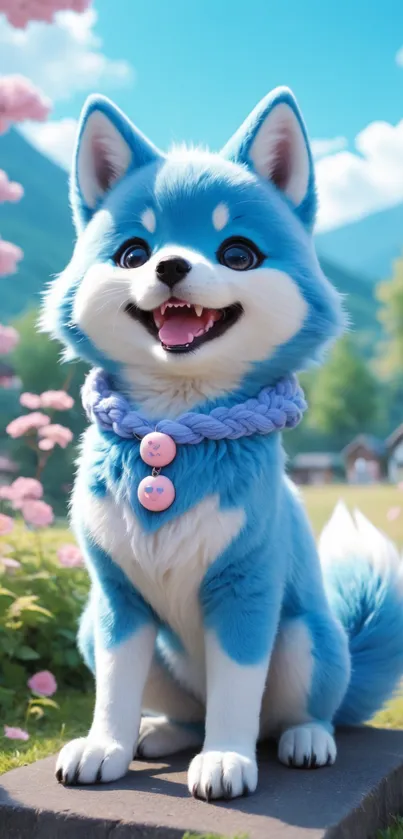 Blue cartoon dog in a nature background.