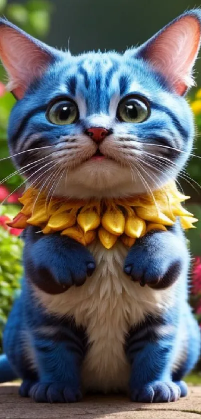 Cute blue cat with flowers in a garden setting.