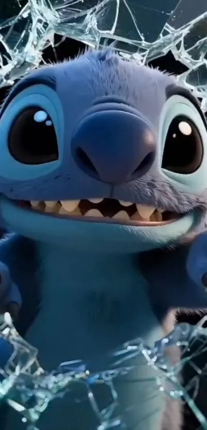 Cute blue character breaking through glass wallpaper.