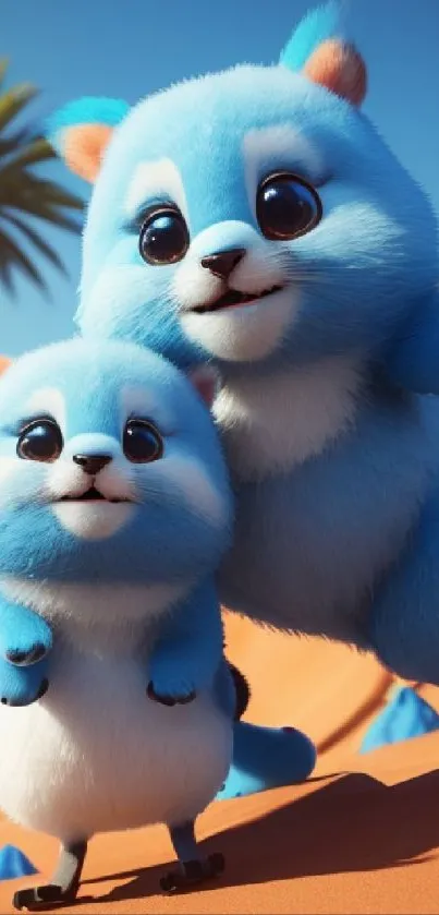Two adorable fluffy blue creatures in a sunny desert setting with clear skies.