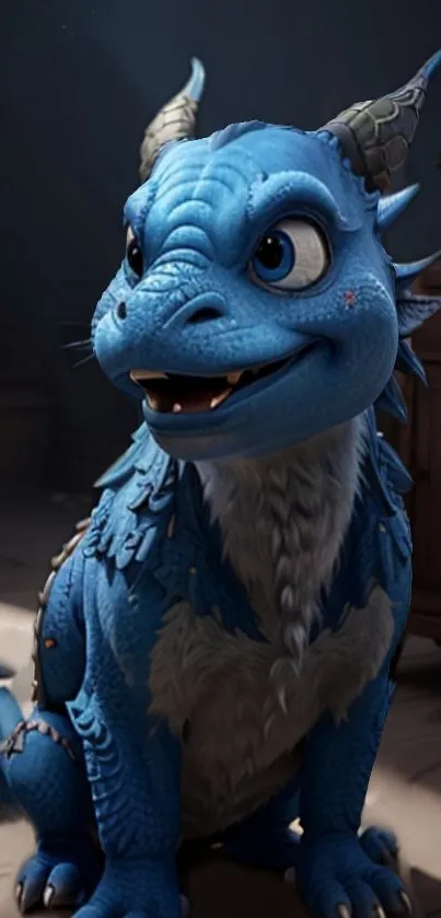 Adorable animated blue dragon sitting indoors.