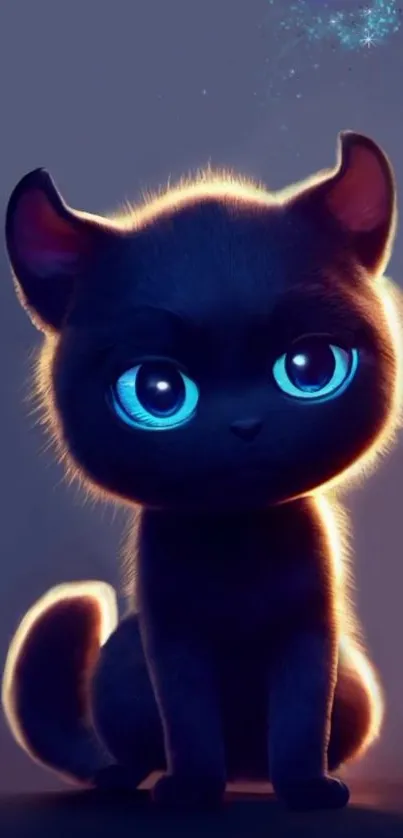 Charming black cat with glowing blue eyes on a dark mobile wallpaper.