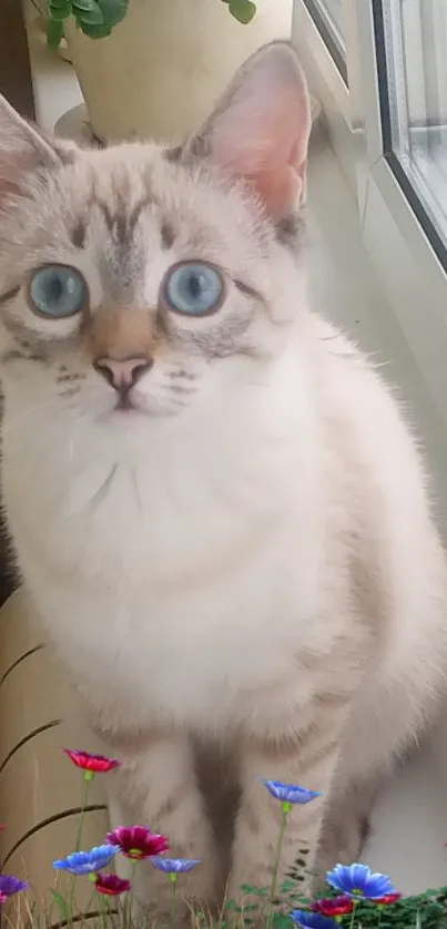 Blue-eyed kitten by window with flowers.