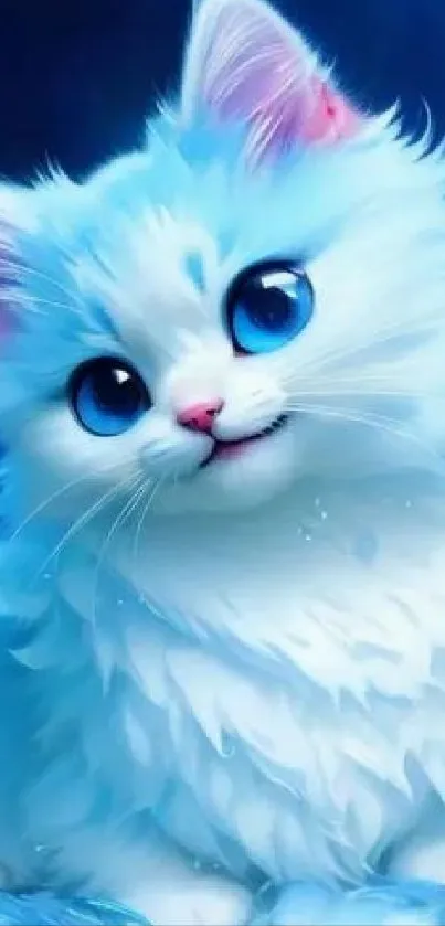 White kitten with blue eyes on a vibrant mobile wallpaper background.