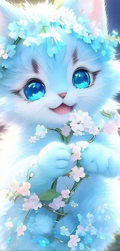 Adorable blue-eyed kitten with flowers, digital art.