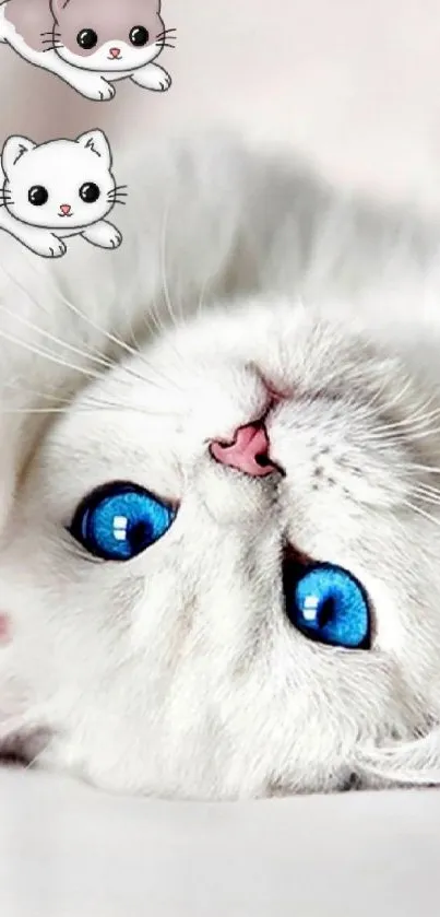 White kitten with blue eyes and cartoon cats mobile wallpaper.