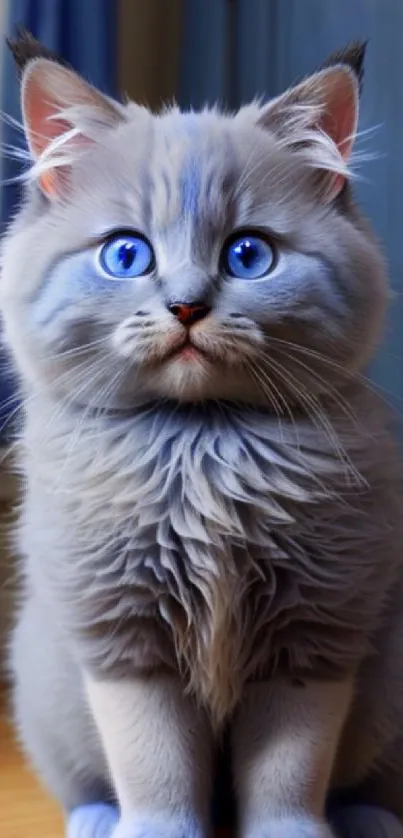 Cute kitten with blue eyes sitting indoors.