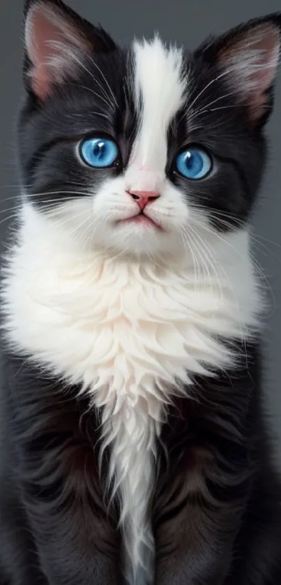 Adorable kitten with blue eyes and fluffy black and white fur.