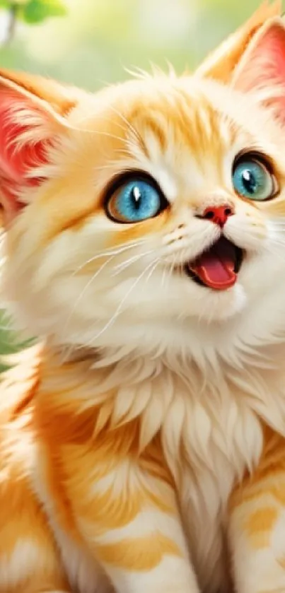 Adorable orange kitten with blue eyes in mobile wallpaper.