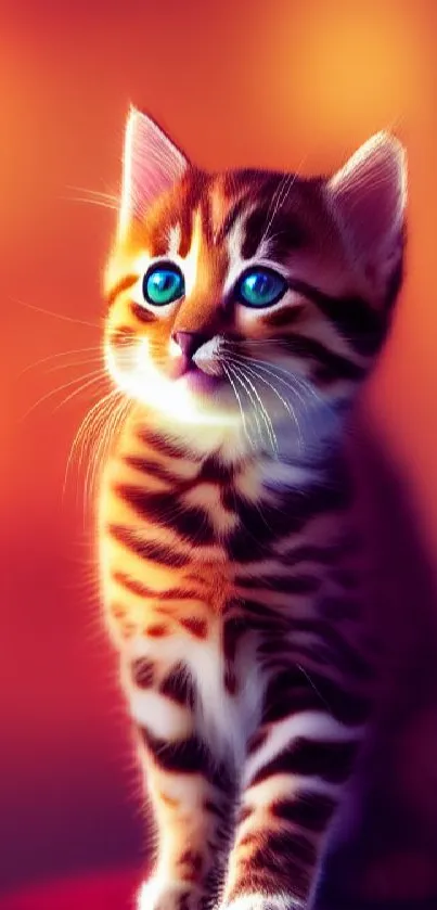 Adorable orange kitten with blue eyes on a vibrant background.