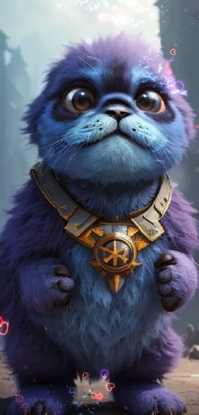 Adorable blue furry creature with large eyes in a fantasy setting.