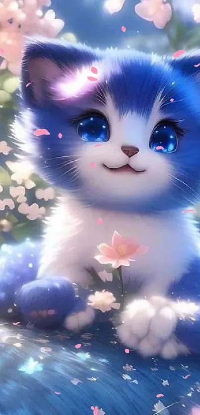 Blue kitten with cherry blossoms in enchanting wallpaper.