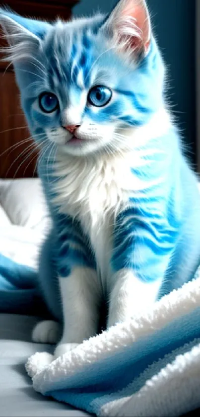 Adorable blue kitten sitting on a cozy bed.