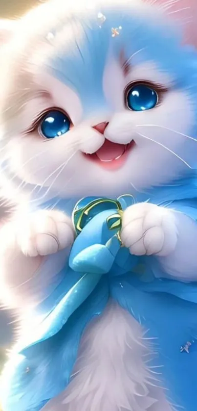 Cute blue-eyed kitten wrapped in a blue blanket with a happy expression.