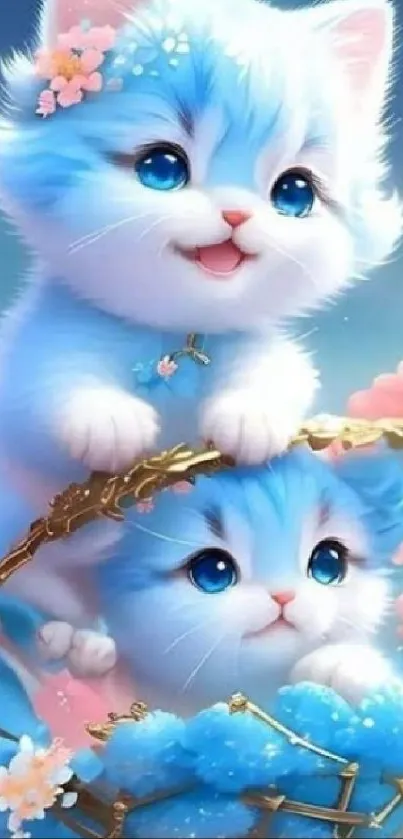 Adorable blue kittens with flowers in a fantasy art style.