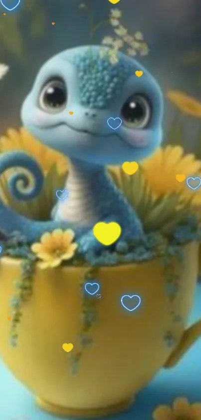 Adorable blue lizard sits in a yellow mug with flowers.